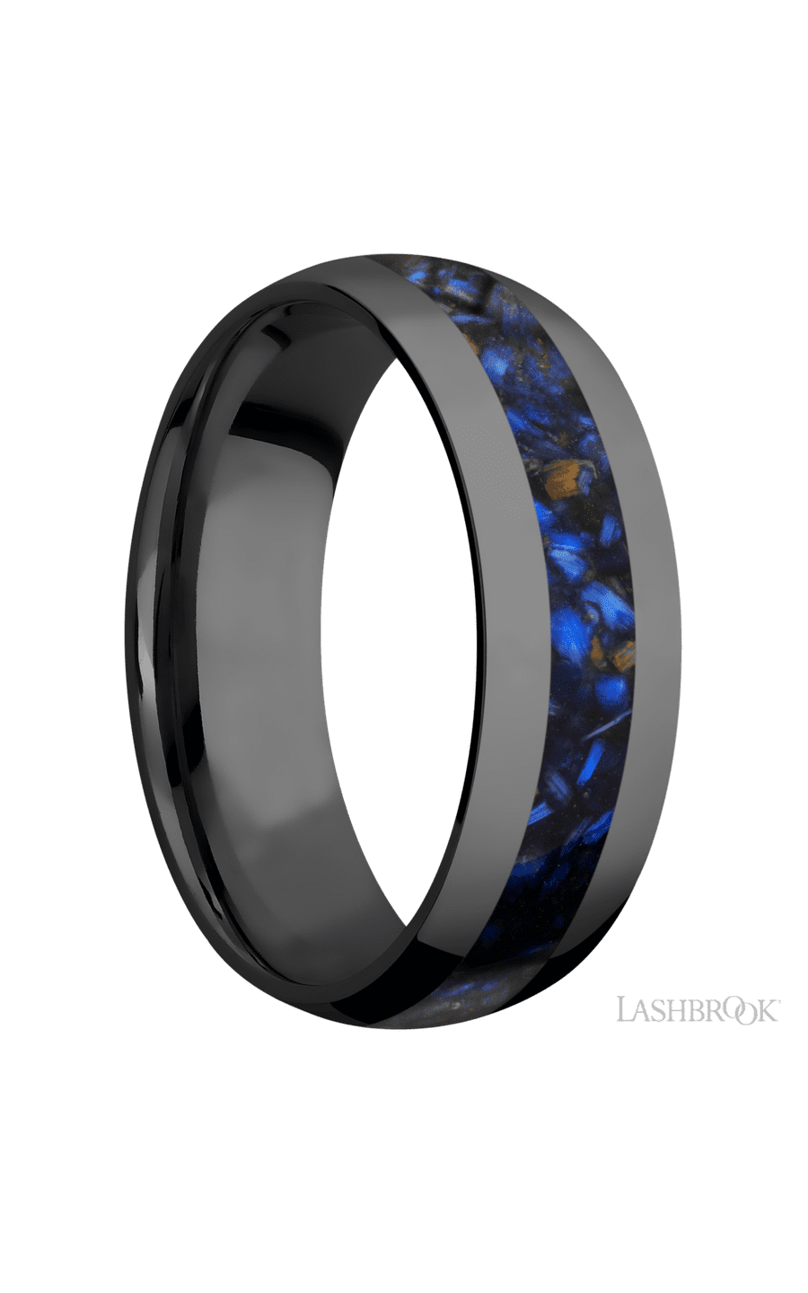 7 mm wide/Domed/Zirconium band with one 3 mm Centered inlay of Blue Tiger Eye.