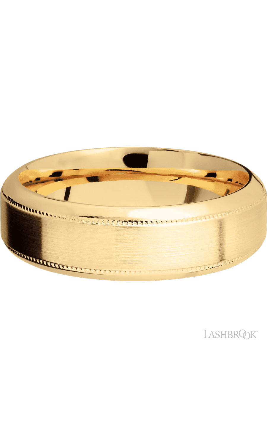 7 mm wide High Bevel Milgrain 14K Yellow Gold band.