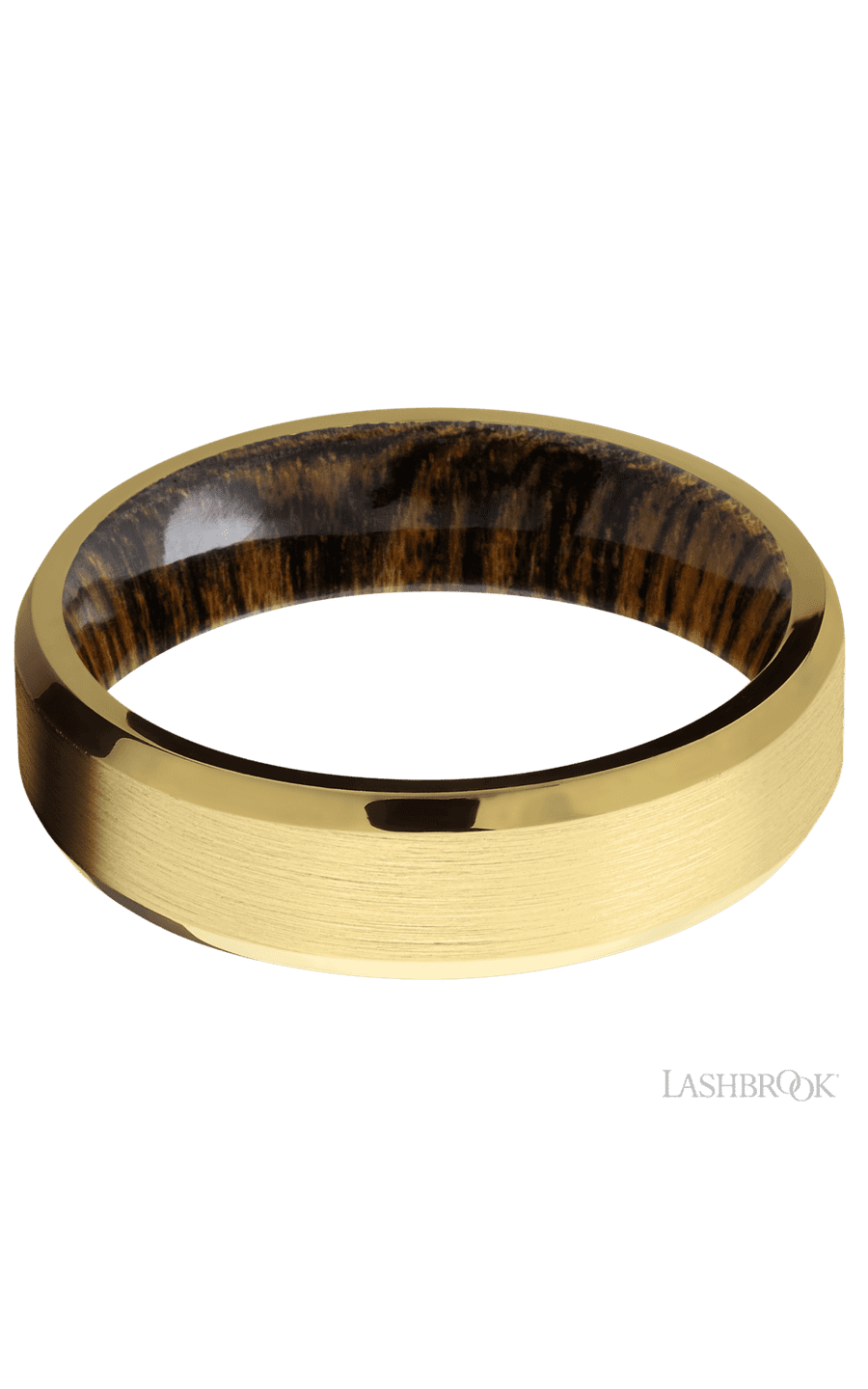 6 mm wide Beveled 18K Yellow Gold band featuring a Bocote sleeve.