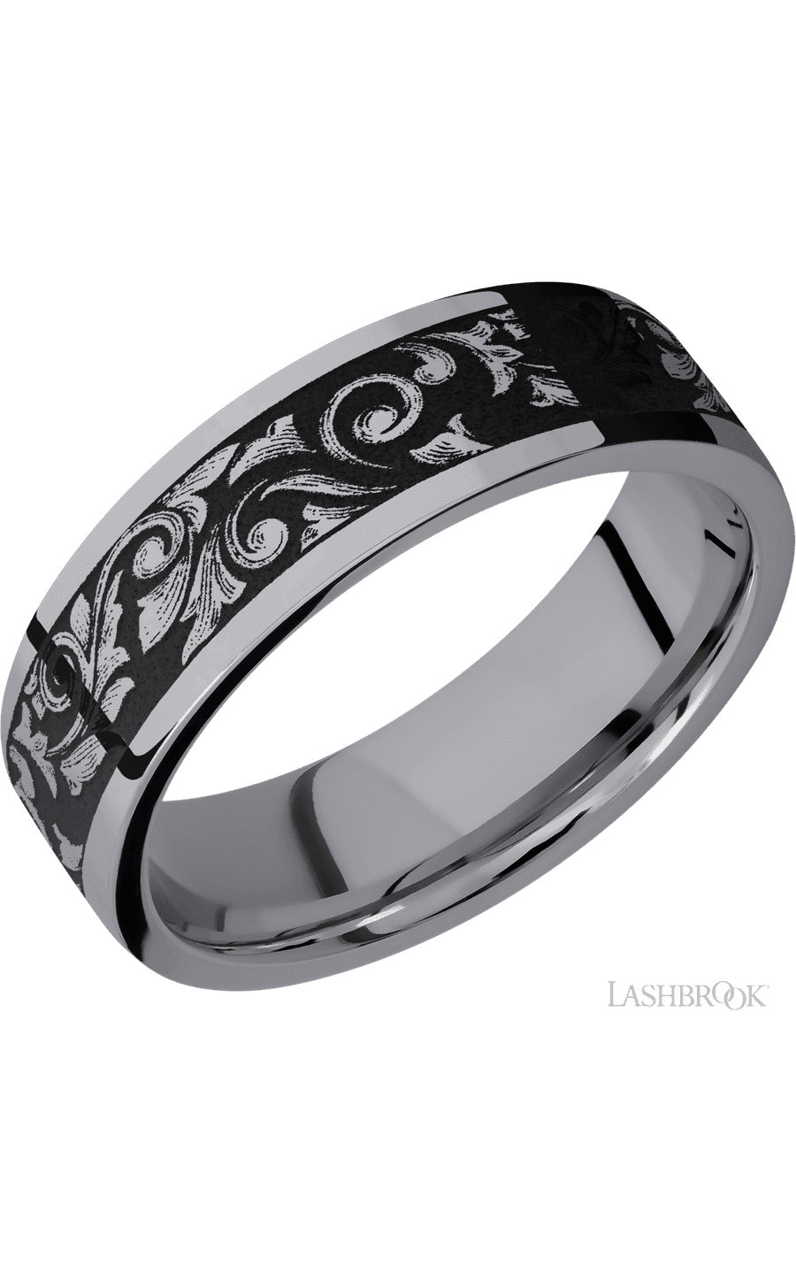 7 mm wide/Flat/Tantalum band with a laser carved Western Scroll pattern.