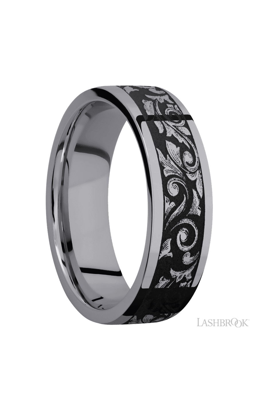 7 mm wide/Flat/Tantalum band with a laser carved Western Scroll pattern.