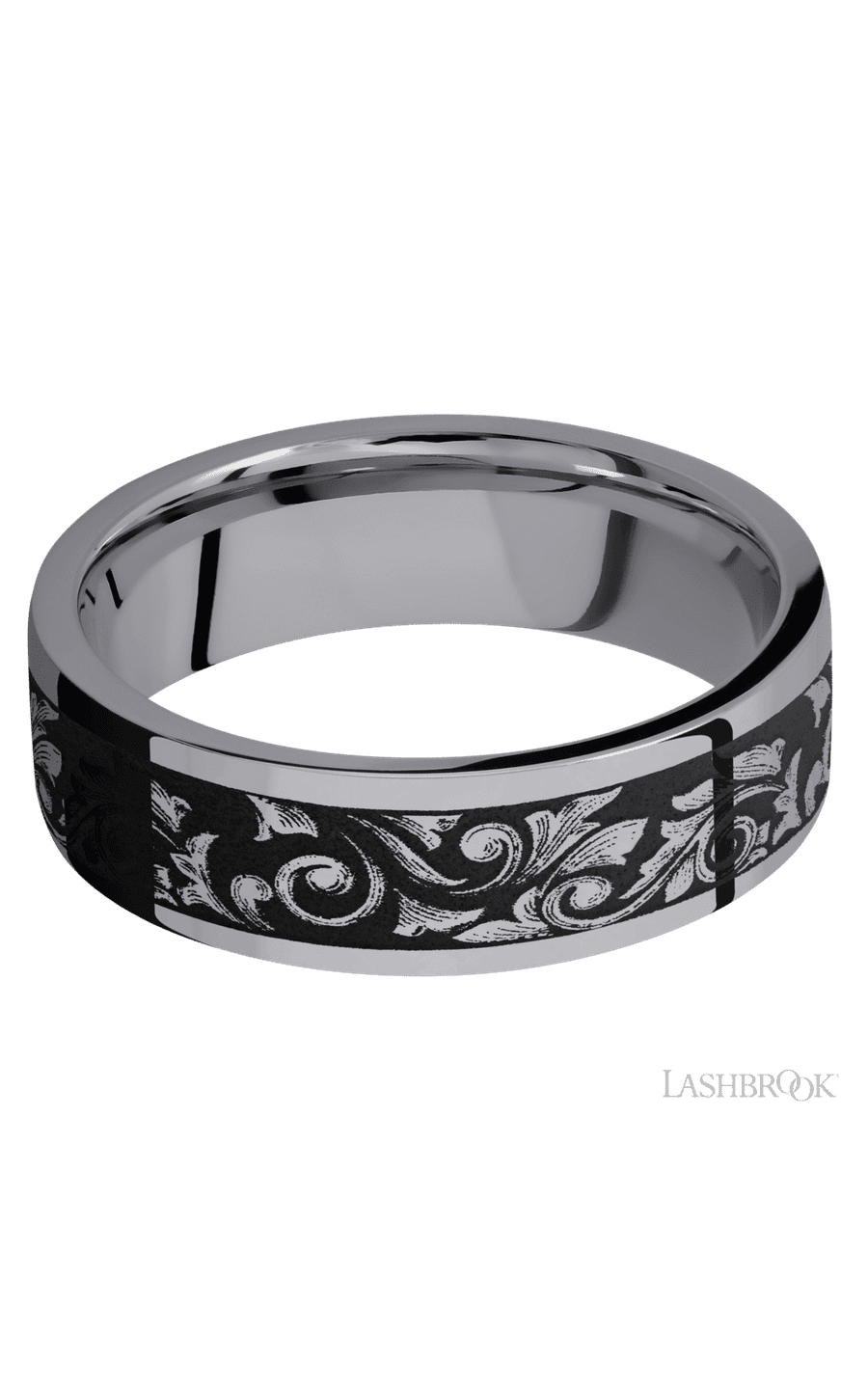 7 mm wide/Flat/Tantalum band with a laser carved Western Scroll pattern.