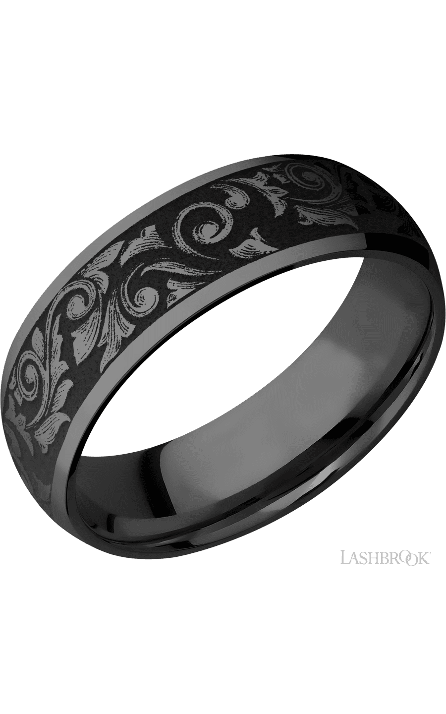 7 mm wide/Domed/Zirconium band with a laser carved Western Scroll pattern.
