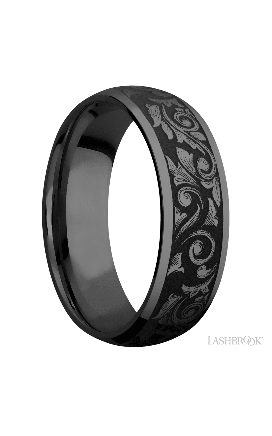 7 mm wide/Domed/Zirconium band with a laser carved Western Scroll pattern.