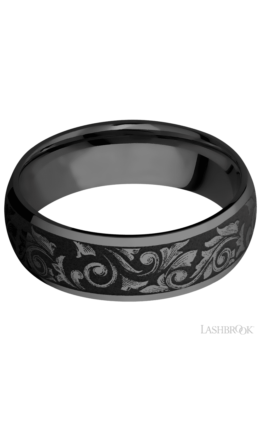 7 mm wide/Domed/Zirconium band with a laser carved Western Scroll pattern.