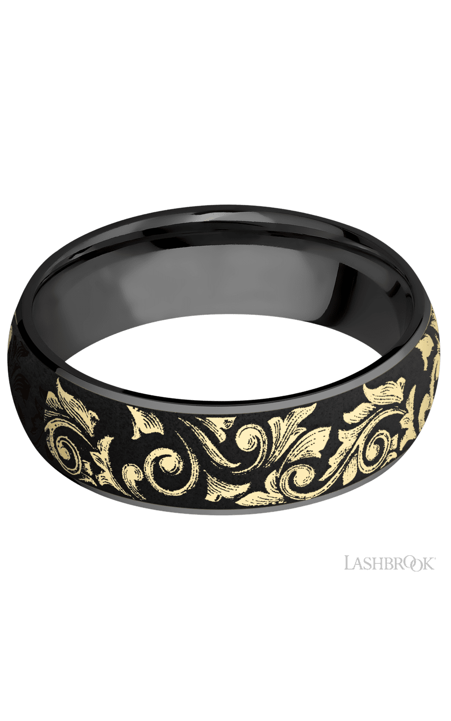 7 mm wide/Domed/Zirconium band with one 6 mm Centered inlay of 14K Yellow Gold with a laser carved Western Scroll pattern.