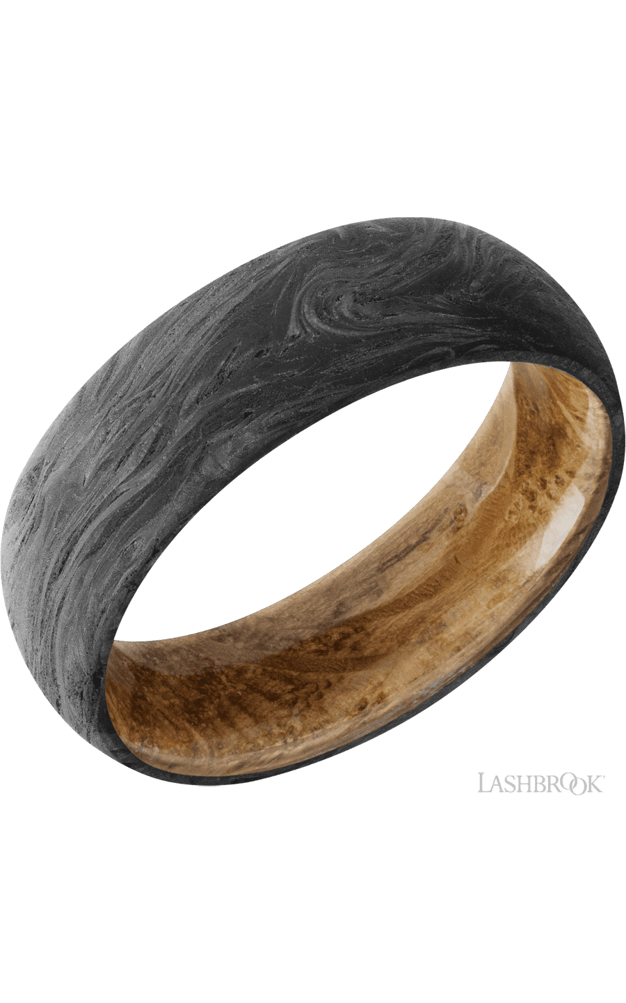7 mm wide Domed Forged Carbon Fiber band featuring a Whiskey Barrel sleeve.