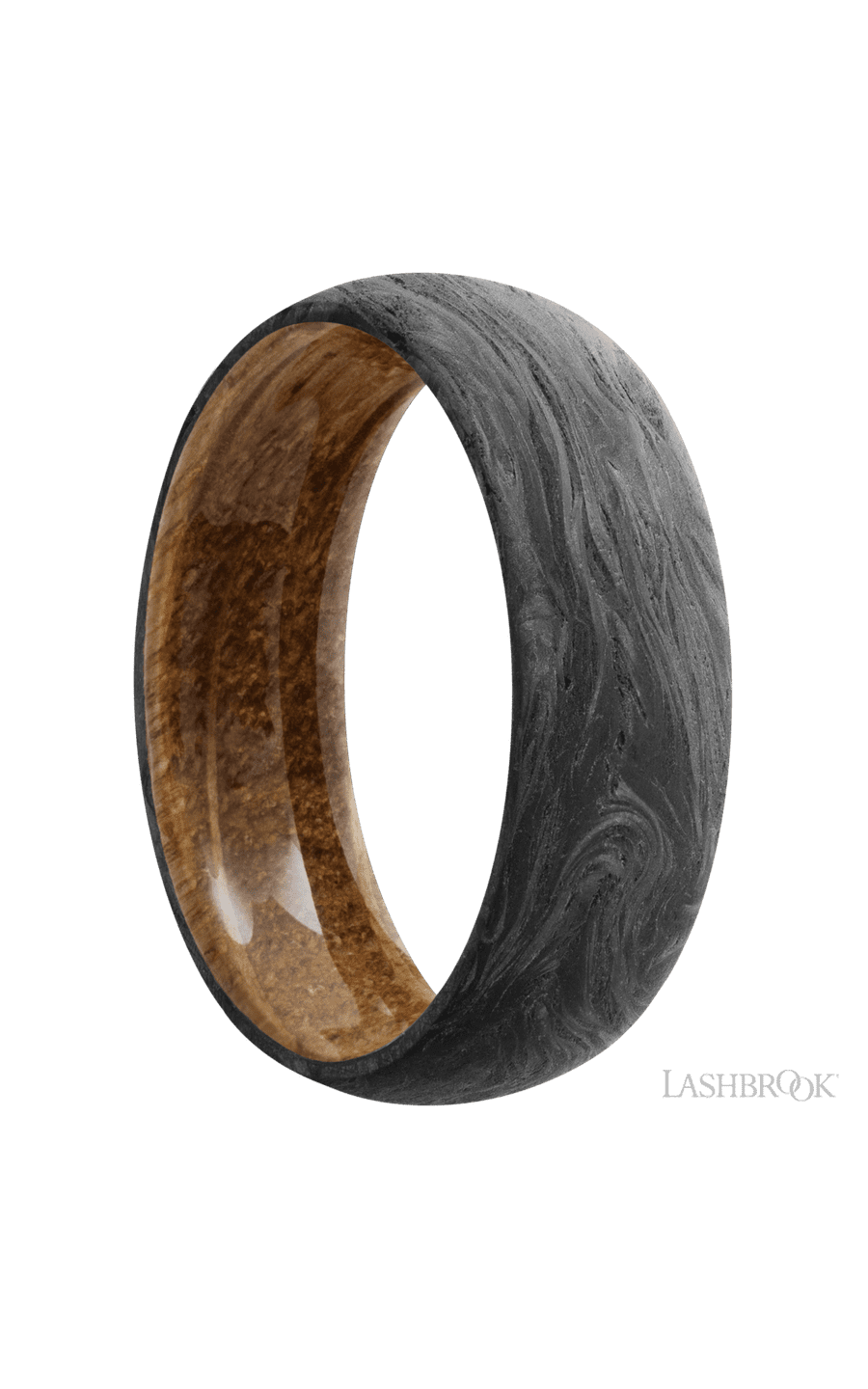 7 mm wide Domed Forged Carbon Fiber band featuring a Whiskey Barrel sleeve.