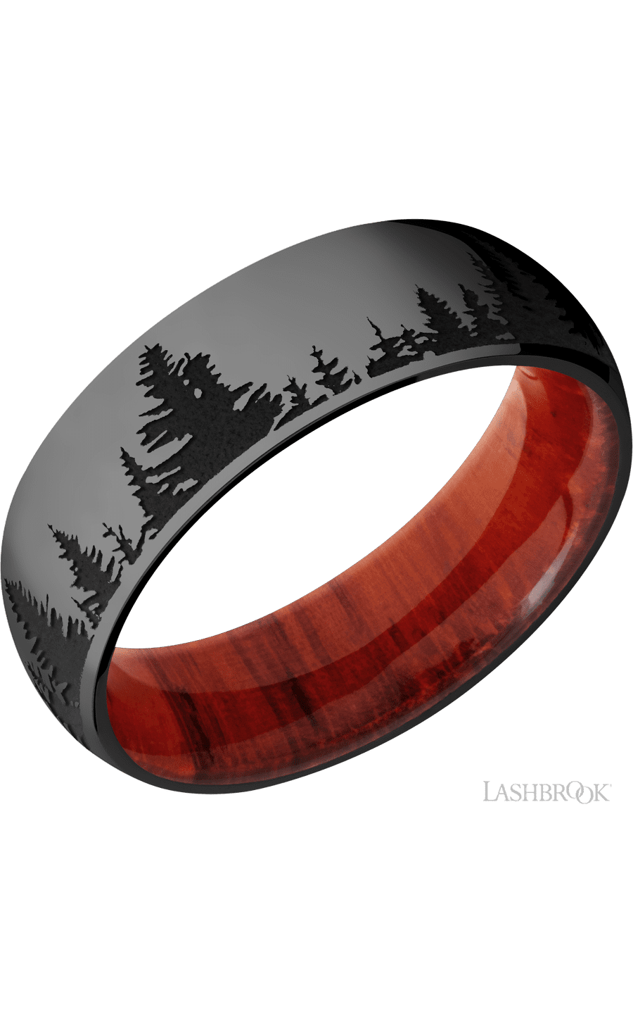 7 mm wide/Domed/Zirconium band with a laser carved Trees pattern also featuring a Padauk sleeve.