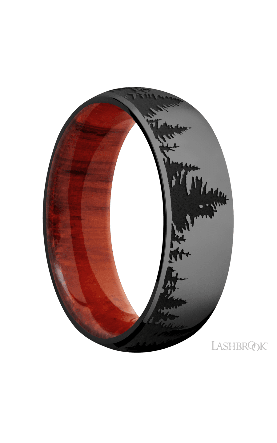7 mm wide/Domed/Zirconium band with a laser carved Trees pattern also featuring a Padauk sleeve.