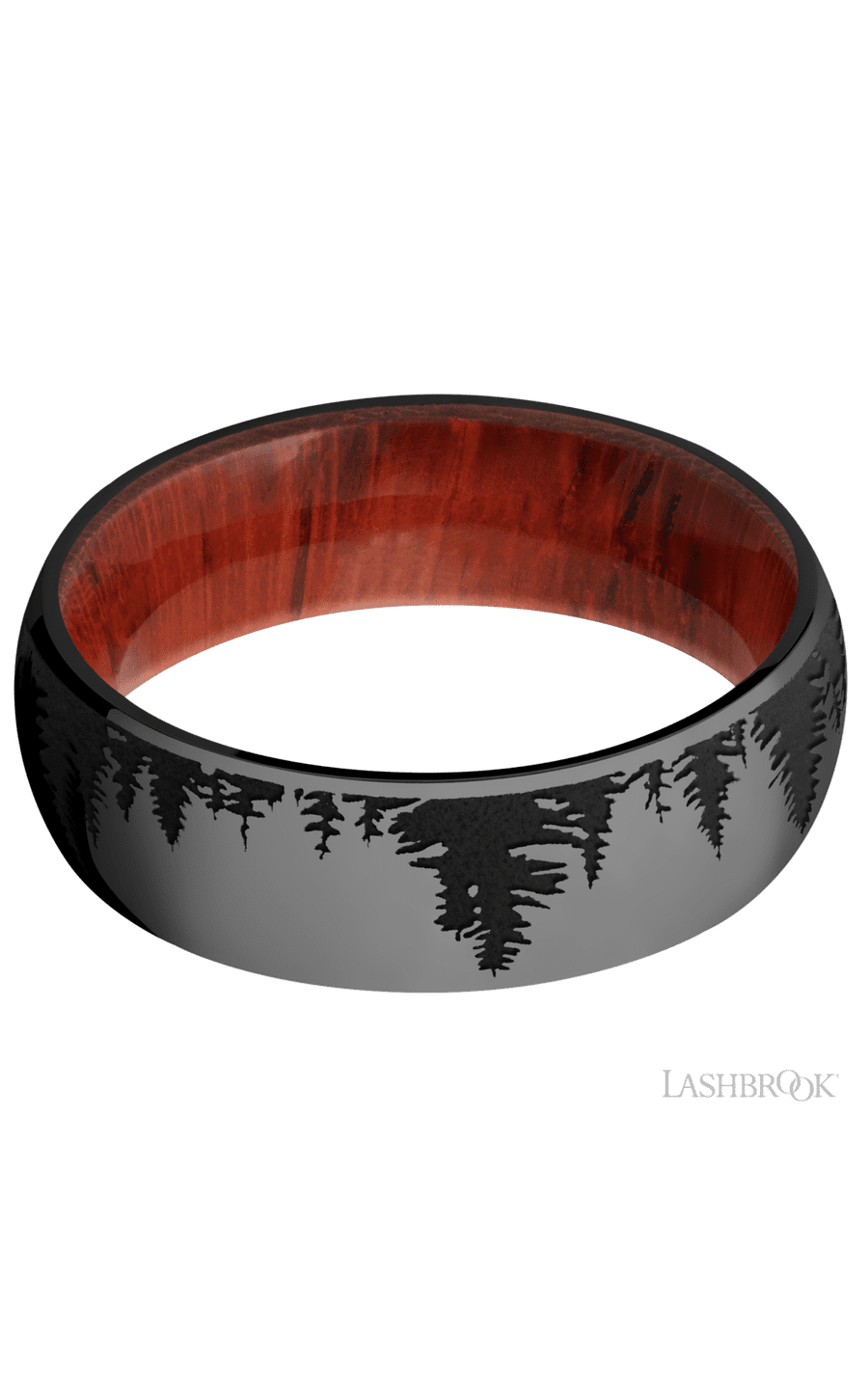 7 mm wide/Domed/Zirconium band with a laser carved Trees pattern also featuring a Padauk sleeve.