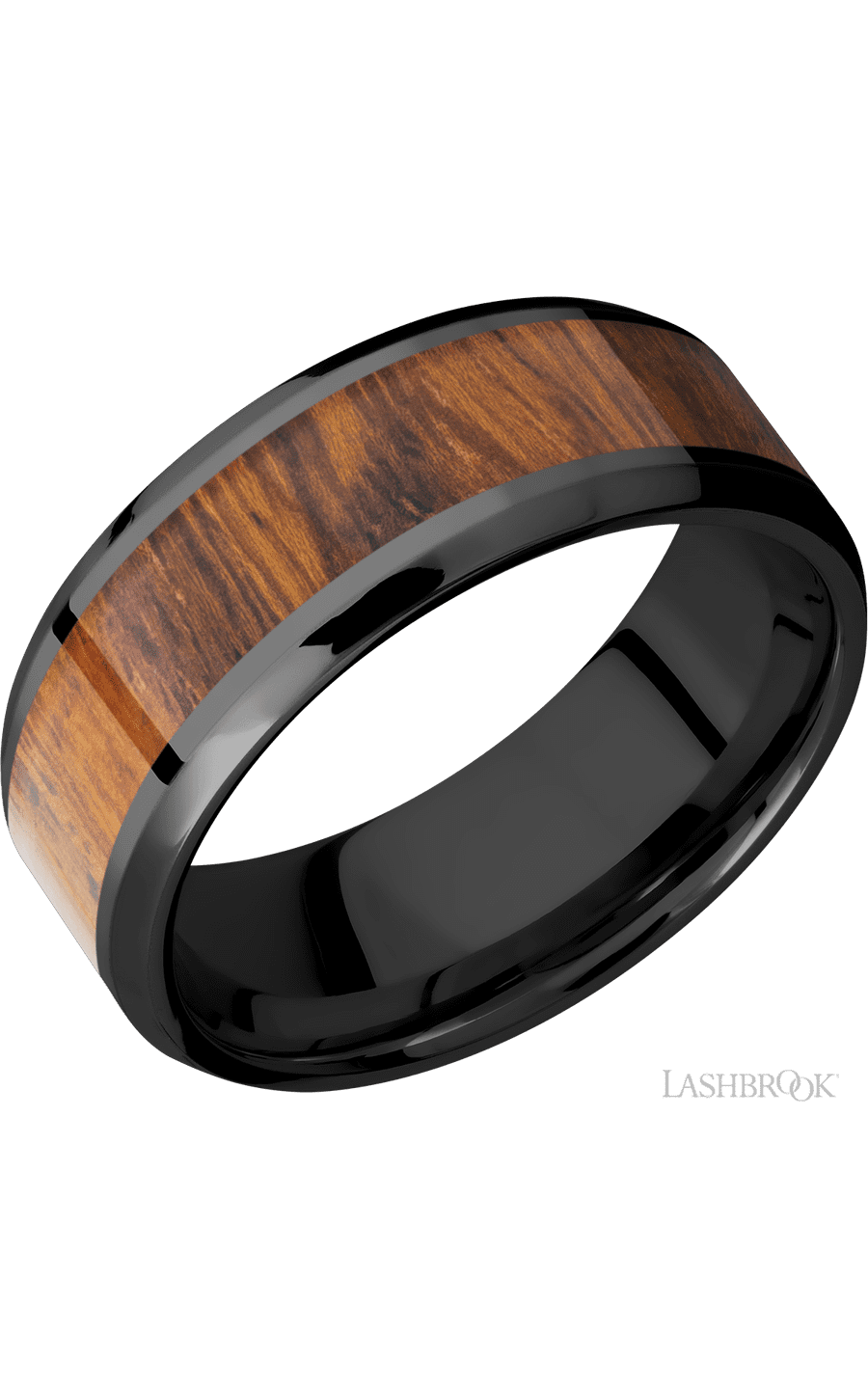 8 mm wide/Beveled/Zirconium band with one 5 mm Centered inlay of Desert Iron Wood.