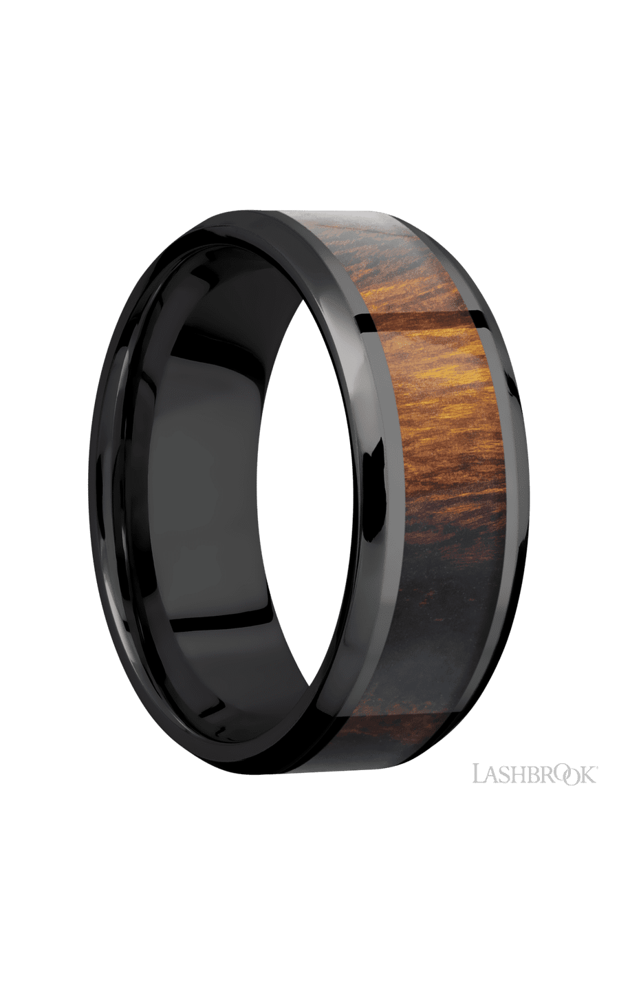 8 mm wide/Beveled/Zirconium band with one 5 mm Centered inlay of Desert Iron Wood.