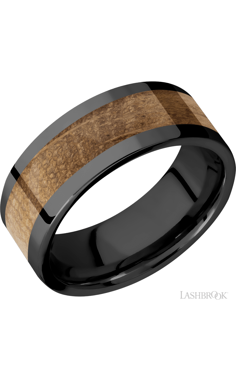 8 mm wide/Flat/Zirconium band with one 5 mm Centered inlay of Whiskey Barrel.