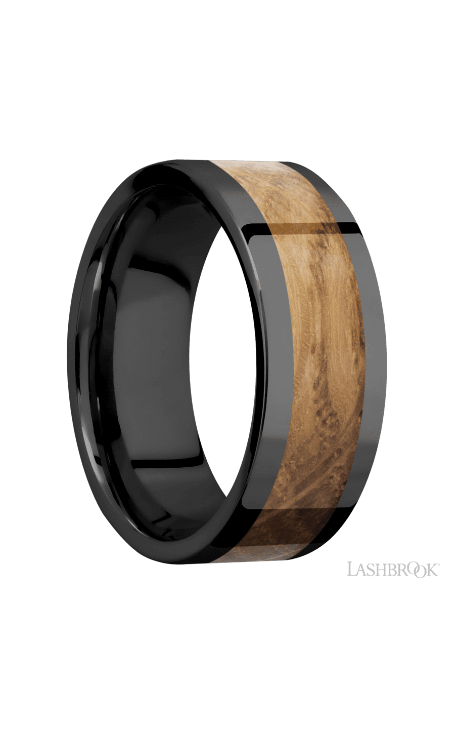 8 mm wide/Flat/Zirconium band with one 5 mm Centered inlay of Whiskey Barrel.