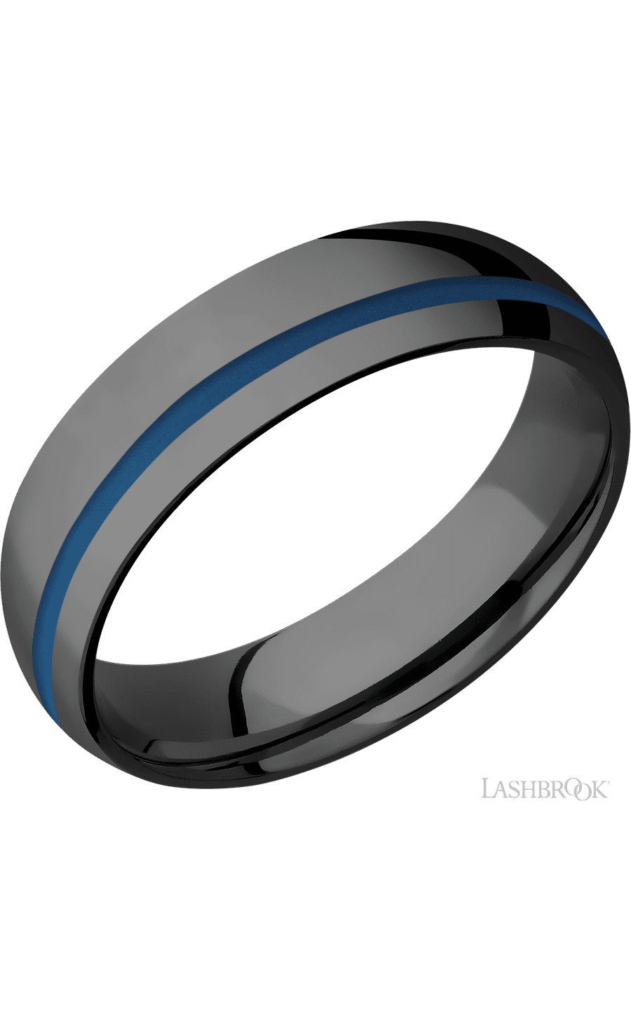 6 mm wide/Domed/Zirconium band with one 1 mm Off Center inlay of Ridgeway Blue.