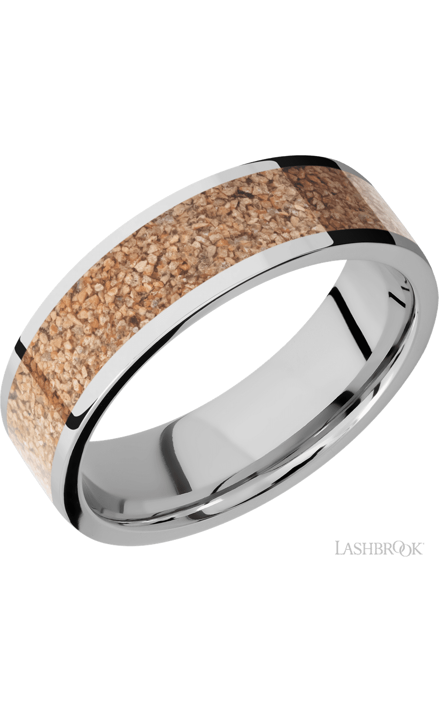 7 mm wide/Flat/Cobalt Chrome band with one 5 mm Centered inlay of Dinosaur Bone Tan.