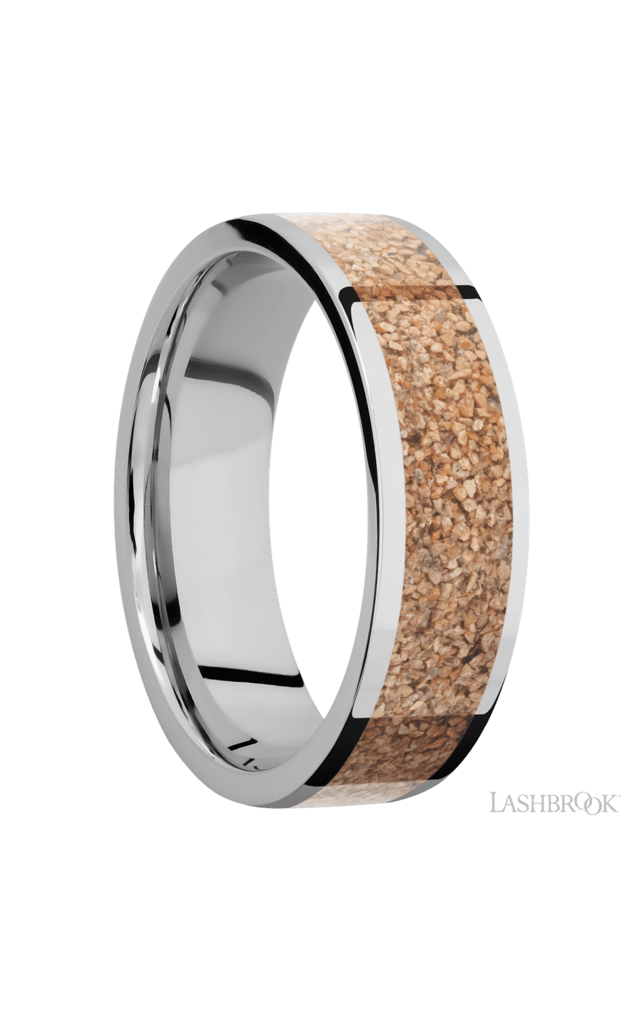 7 mm wide/Flat/Cobalt Chrome band with one 5 mm Centered inlay of Dinosaur Bone Tan.