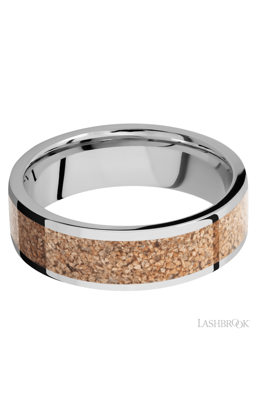 7 mm wide/Flat/Cobalt Chrome band with one 5 mm Centered inlay of Dinosaur Bone Tan.