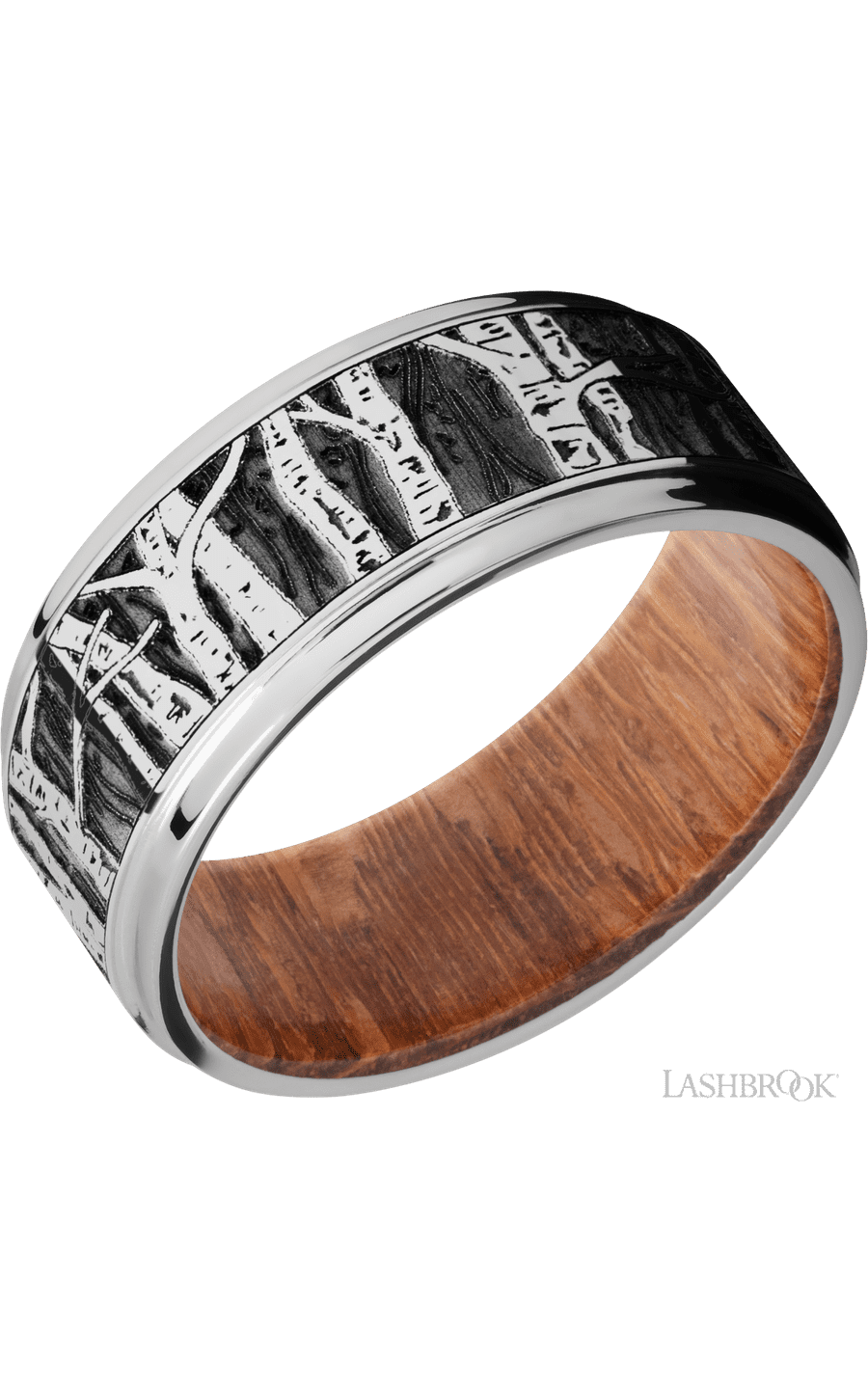 9 mm wide/Flat Grooved Edges/Cobalt Chrome band with a laser carved Aspen pattern also featuring a Leopard Wood sleeve.