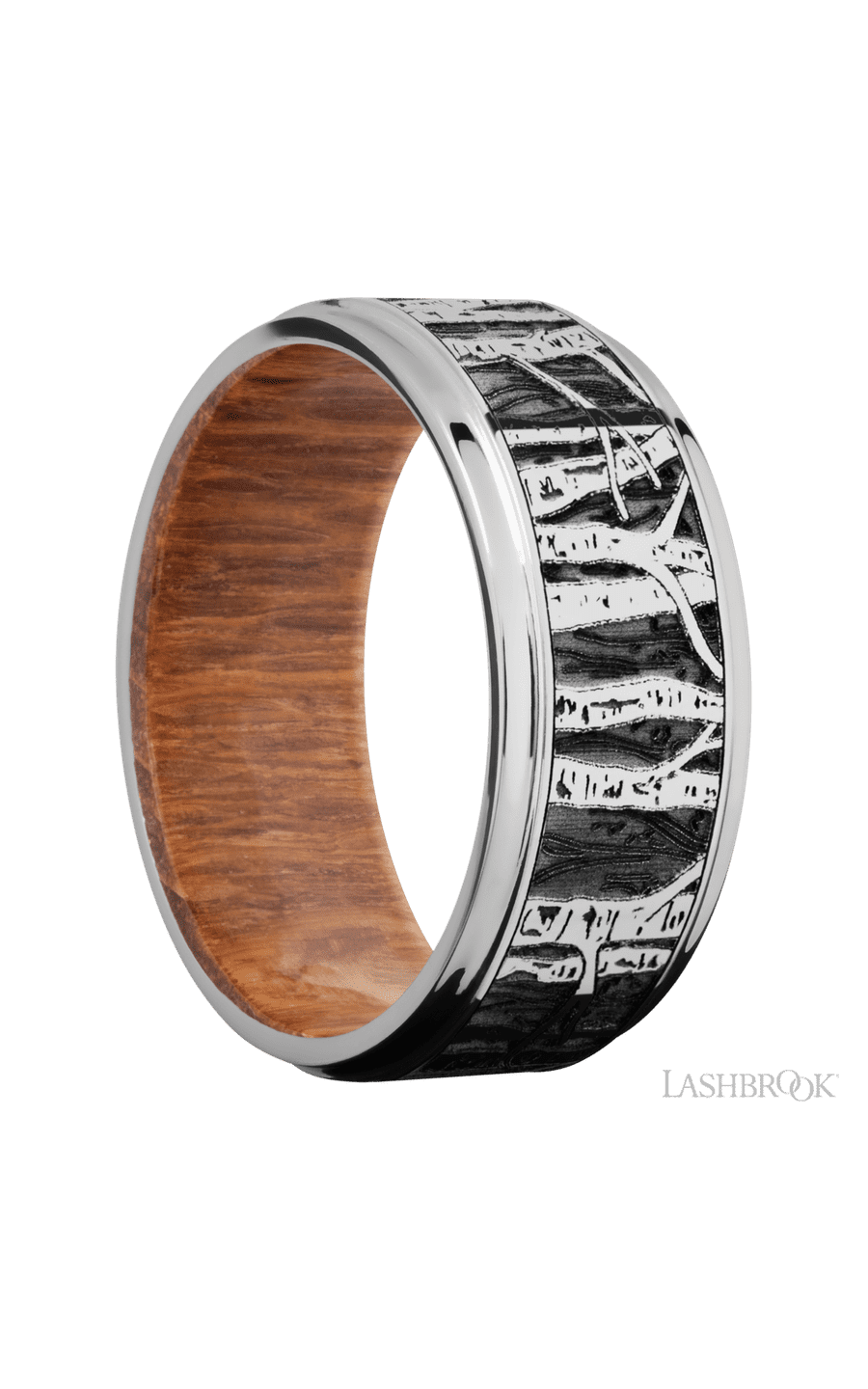 9 mm wide/Flat Grooved Edges/Cobalt Chrome band with a laser carved Aspen pattern also featuring a Leopard Wood sleeve.