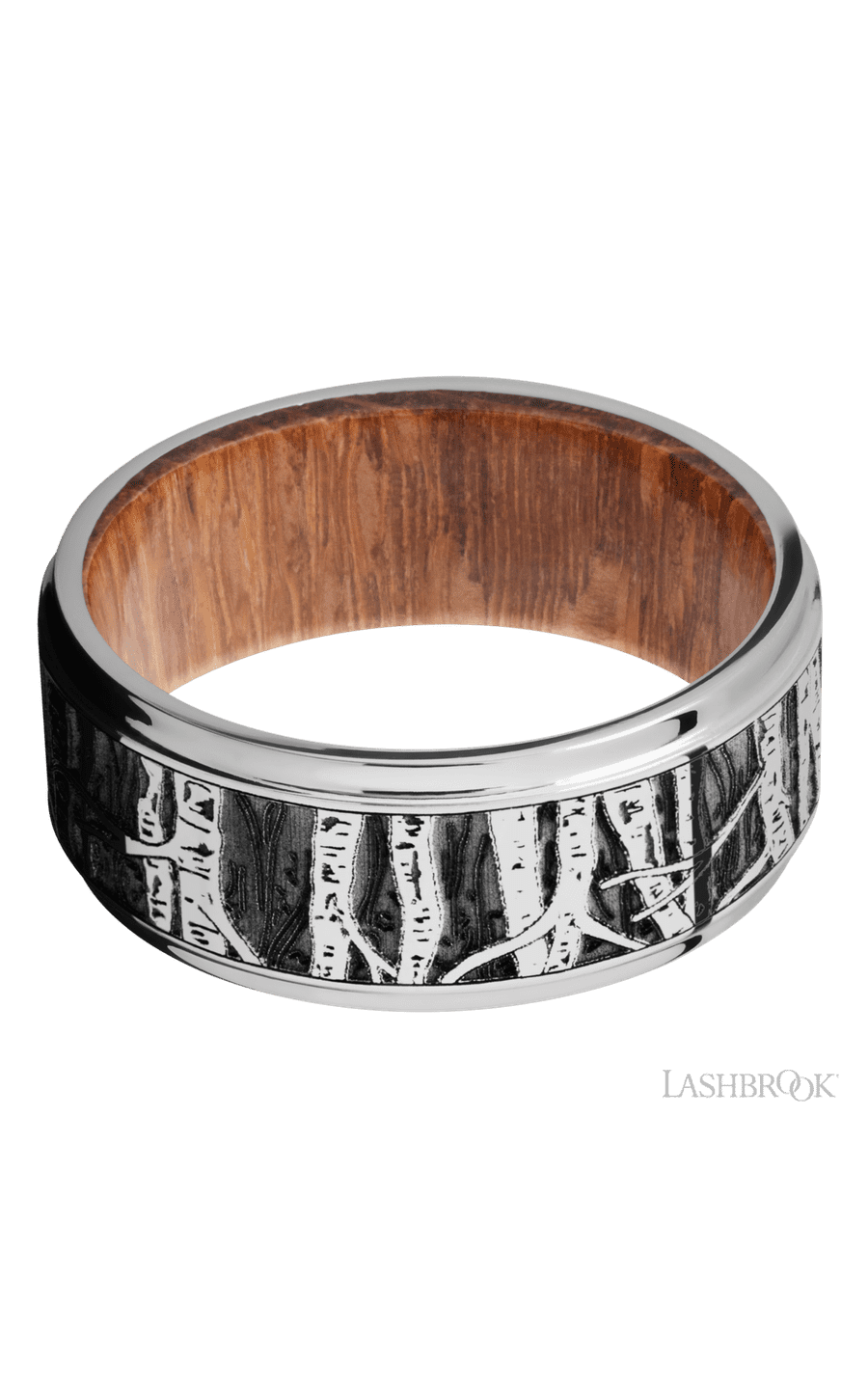 9 mm wide/Flat Grooved Edges/Cobalt Chrome band with a laser carved Aspen pattern also featuring a Leopard Wood sleeve.