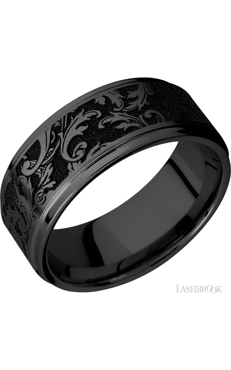 9 mm wide/Flat Grooved Edges/Zirconium band with a laser carved Black Leaf pattern.