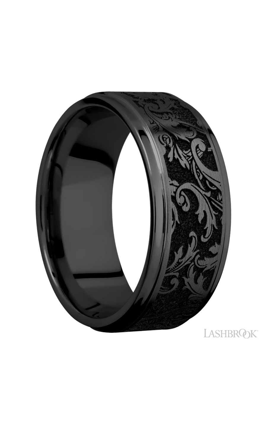 9 mm wide/Flat Grooved Edges/Zirconium band with a laser carved Black Leaf pattern.