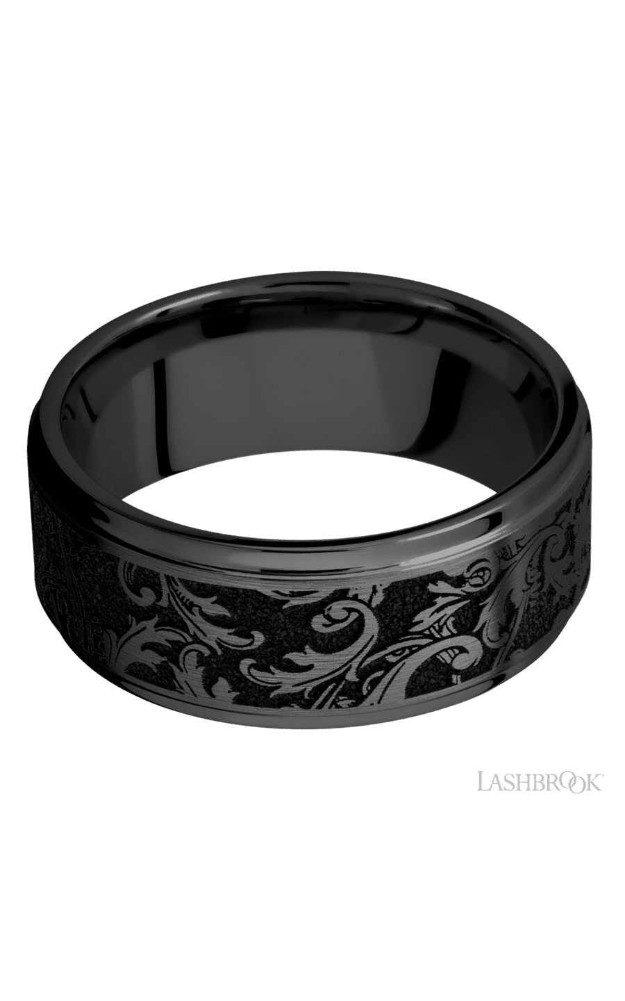 9 mm wide/Flat Grooved Edges/Zirconium band with a laser carved Black Leaf pattern.