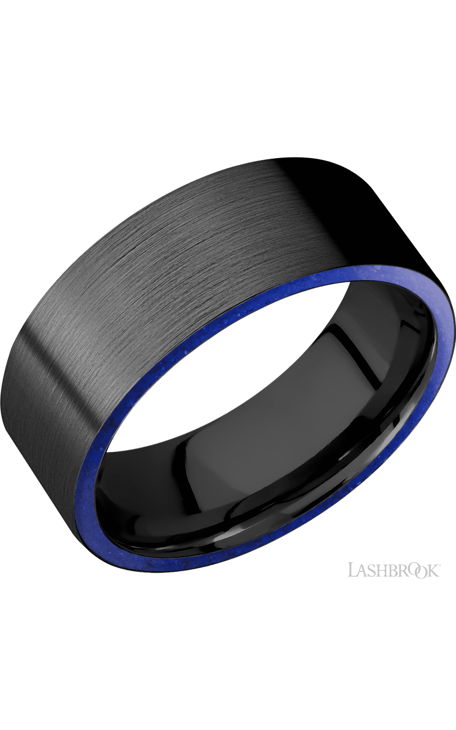 8 mm wide/Flat/Zirconium band with two 1 mm Side inlays of Lapis.