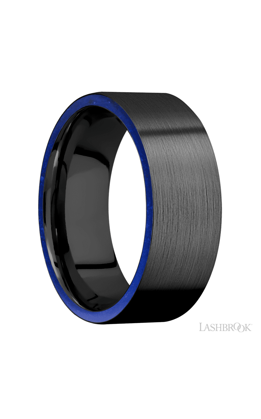 8 mm wide/Flat/Zirconium band with two 1 mm Side inlays of Lapis.