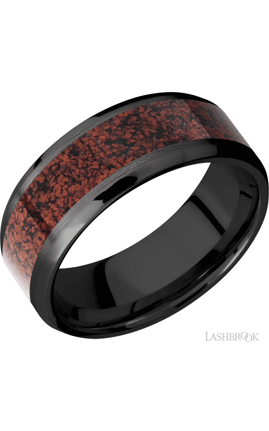 8 mm wide/Beveled/Zirconium band with one 5 mm Centered inlay of Dinosaur Bone Red.