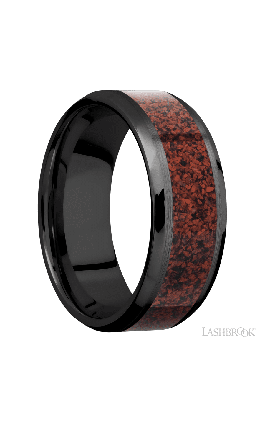 8 mm wide/Beveled/Zirconium band with one 5 mm Centered inlay of Dinosaur Bone Red.