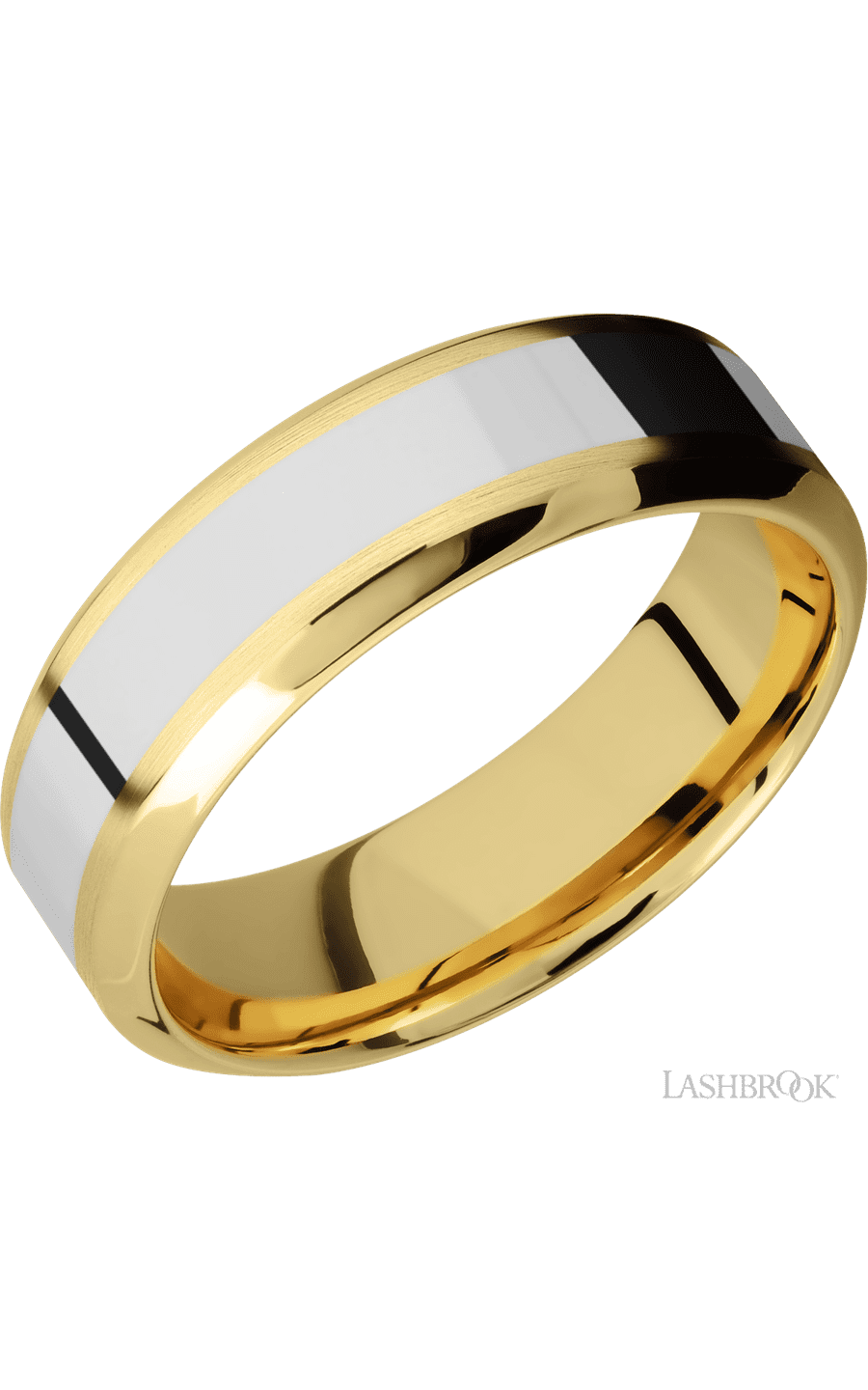 7 mm wide/High Bevel/14K Yellow Gold band with one 3 mm Centered inlay of 14K White Gold.