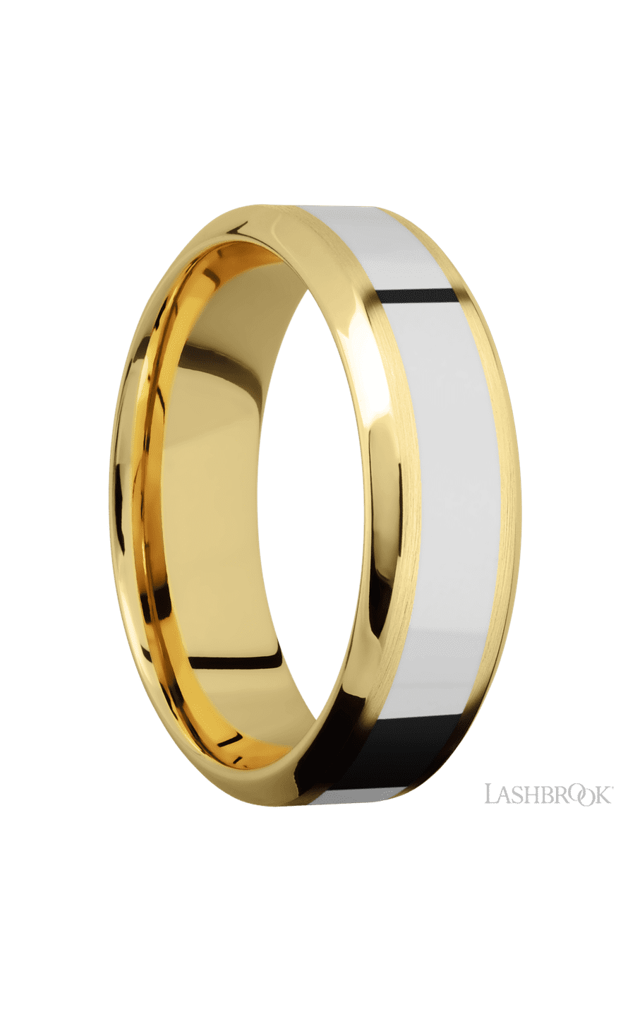 7 mm wide/High Bevel/14K Yellow Gold band with one 3 mm Centered inlay of 14K White Gold.