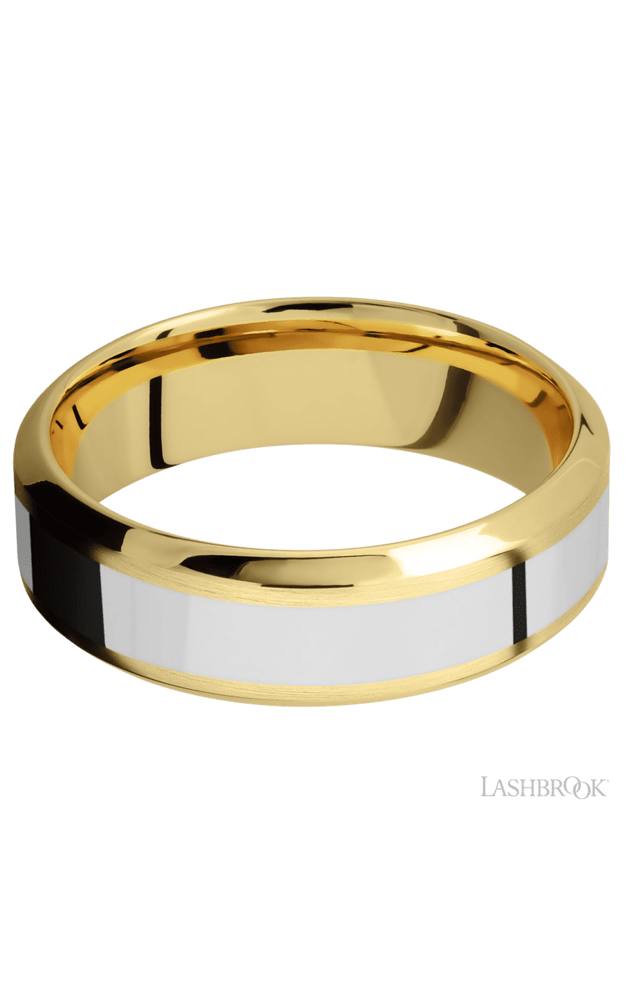 7 mm wide/High Bevel/14K Yellow Gold band with one 3 mm Centered inlay of 14K White Gold.