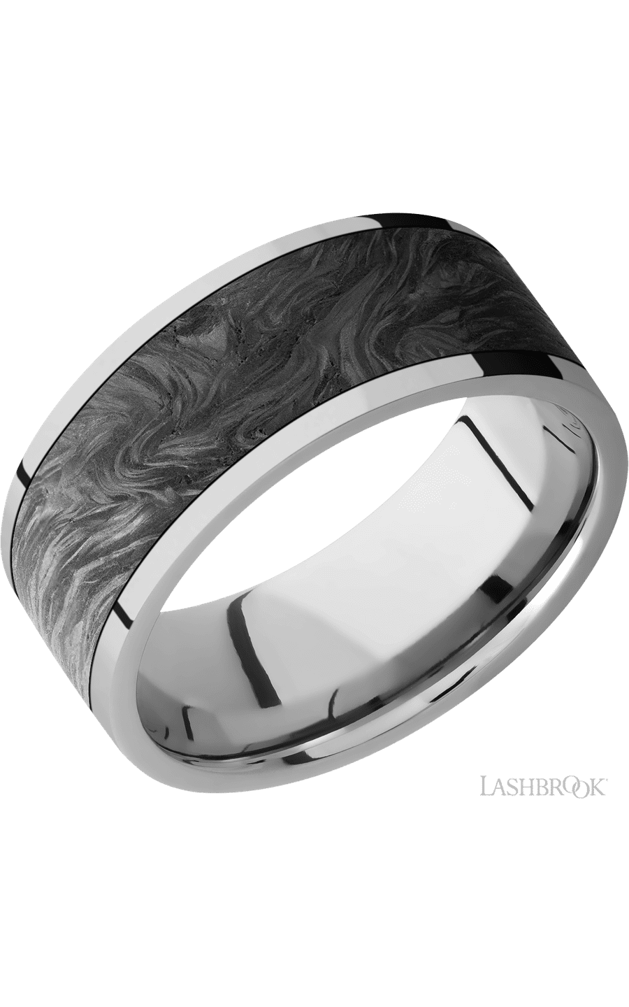9 mm wide/Flat/Titanium band with one 7 mm Centered inlay of Forged Carbon Fiber.