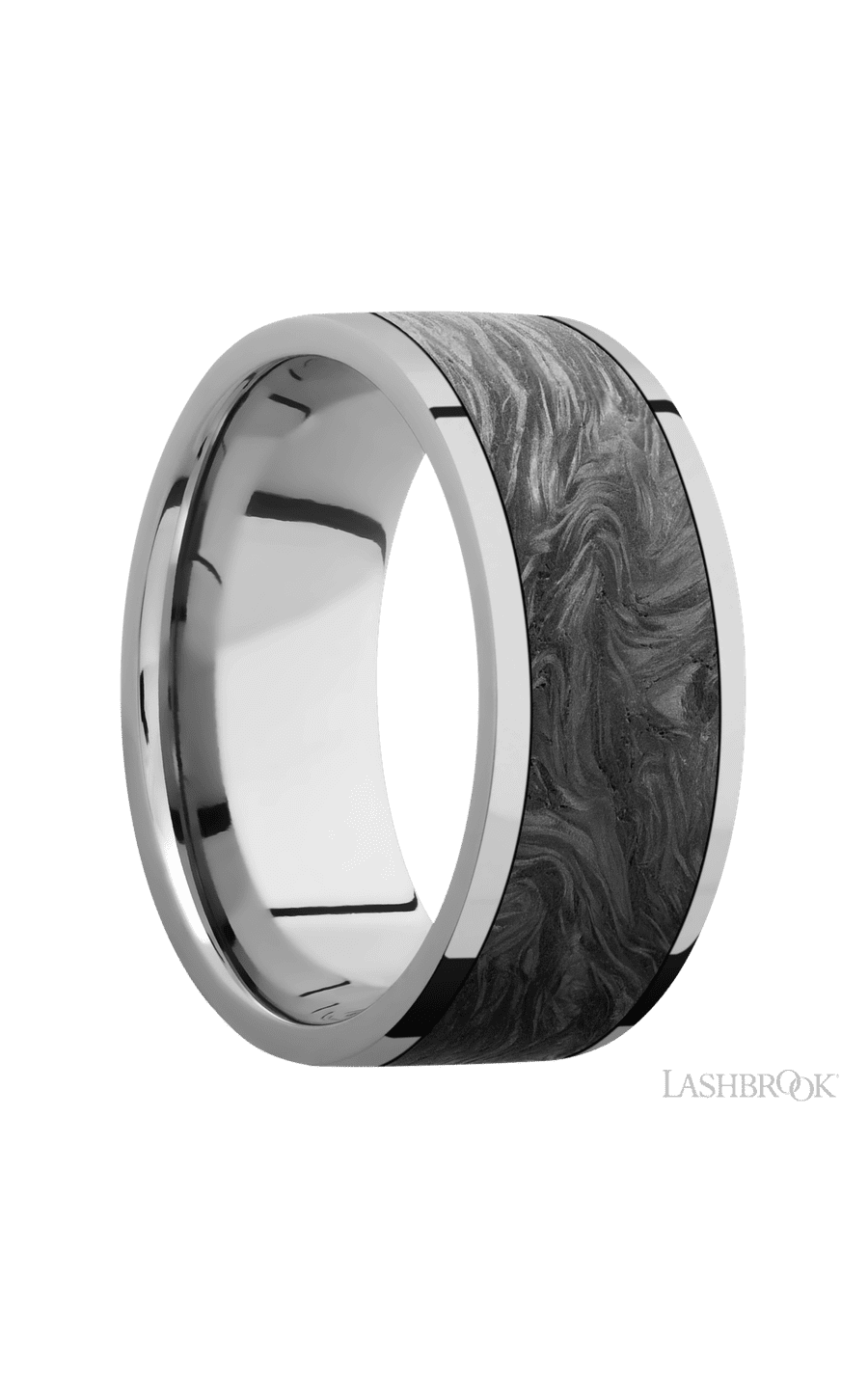 9 mm wide/Flat/Titanium band with one 7 mm Centered inlay of Forged Carbon Fiber.