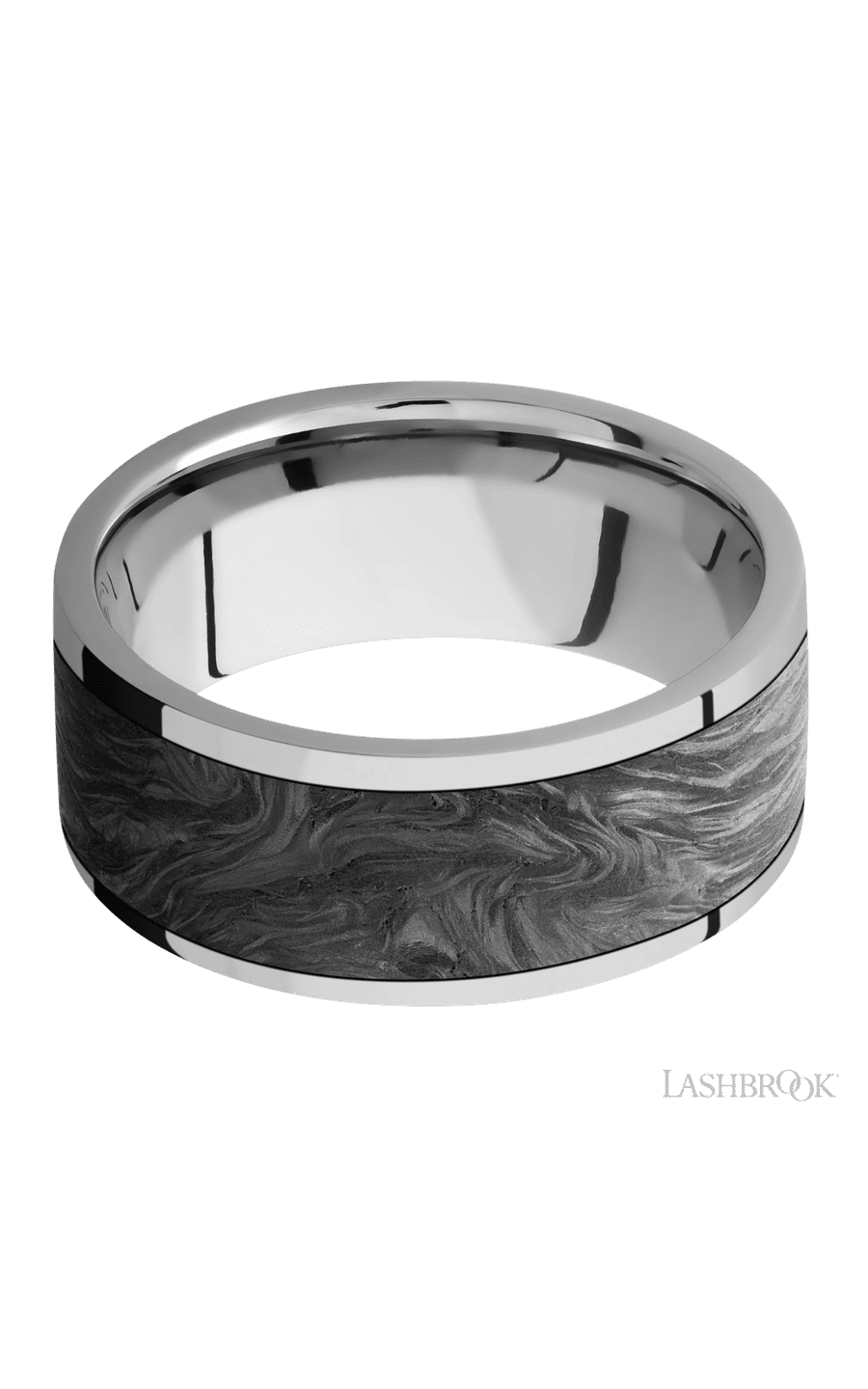 9 mm wide/Flat/Titanium band with one 7 mm Centered inlay of Forged Carbon Fiber.