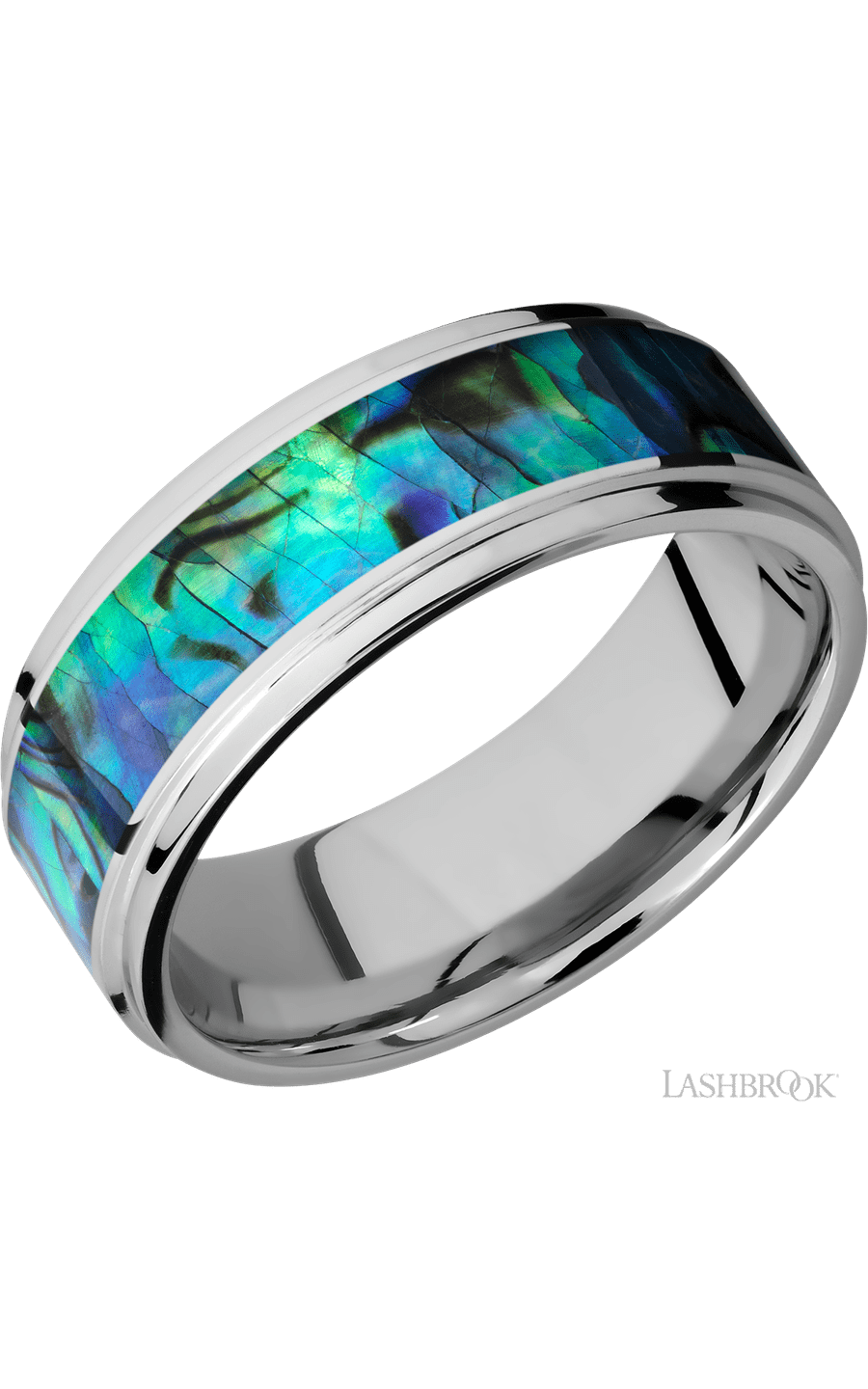 8 mm wide/Flat Grooved Edges/Cobalt Chrome band with one 5 mm Centered inlay of Abalone.