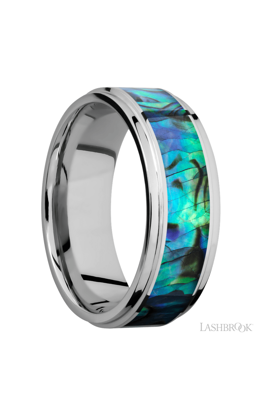 8 mm wide/Flat Grooved Edges/Cobalt Chrome band with one 5 mm Centered inlay of Abalone.