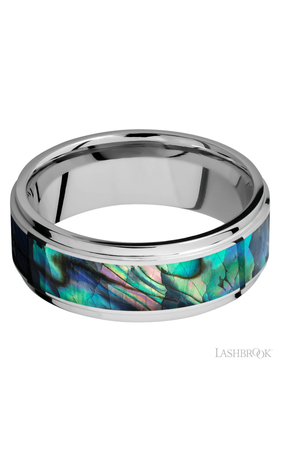 8 mm wide/Flat Grooved Edges/Cobalt Chrome band with one 5 mm Centered inlay of Abalone.