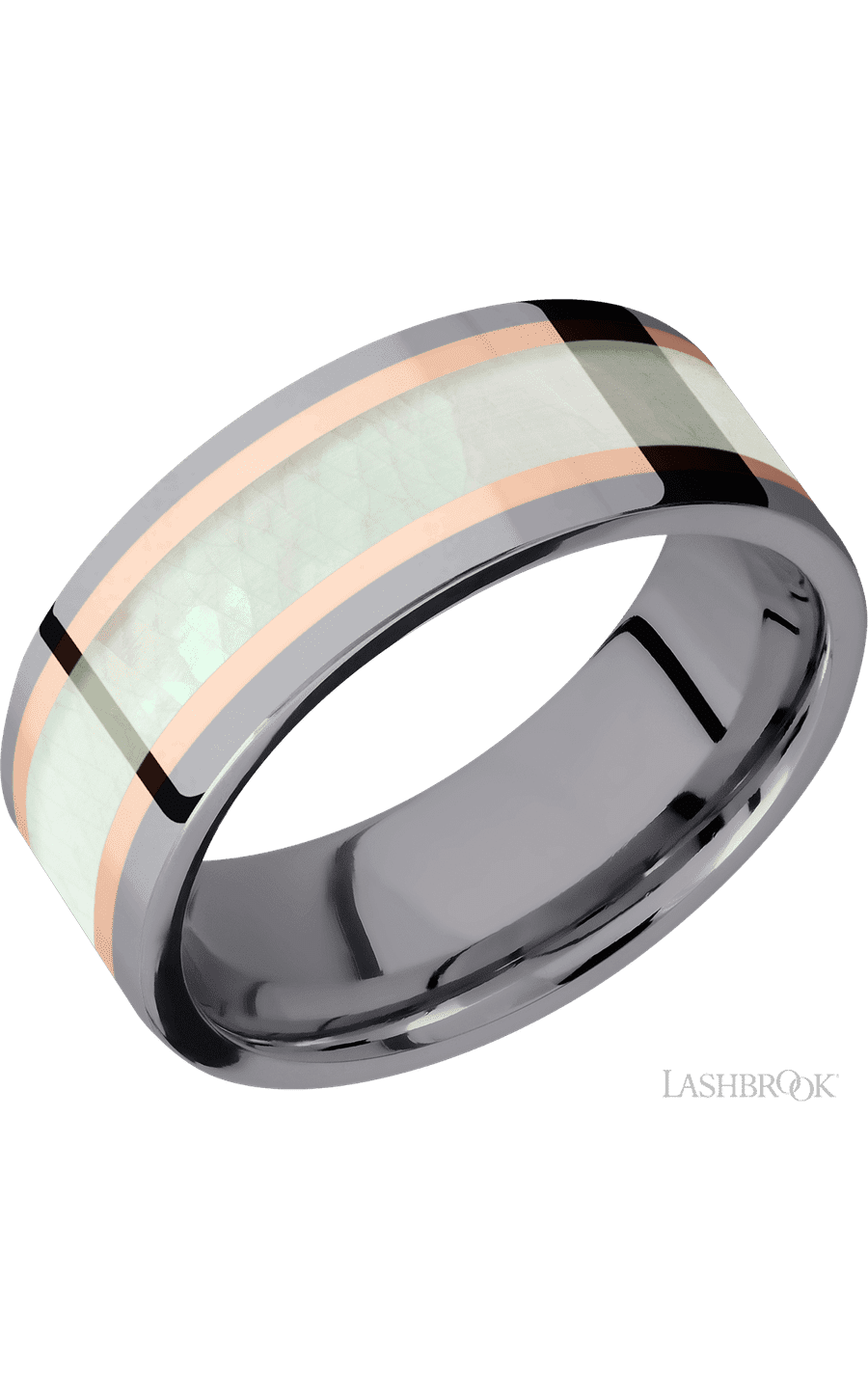 8 mm wide/Flat/Tantalum band featuring inlays of 14K Rose Gold and Freshwater Mother of Pearl.