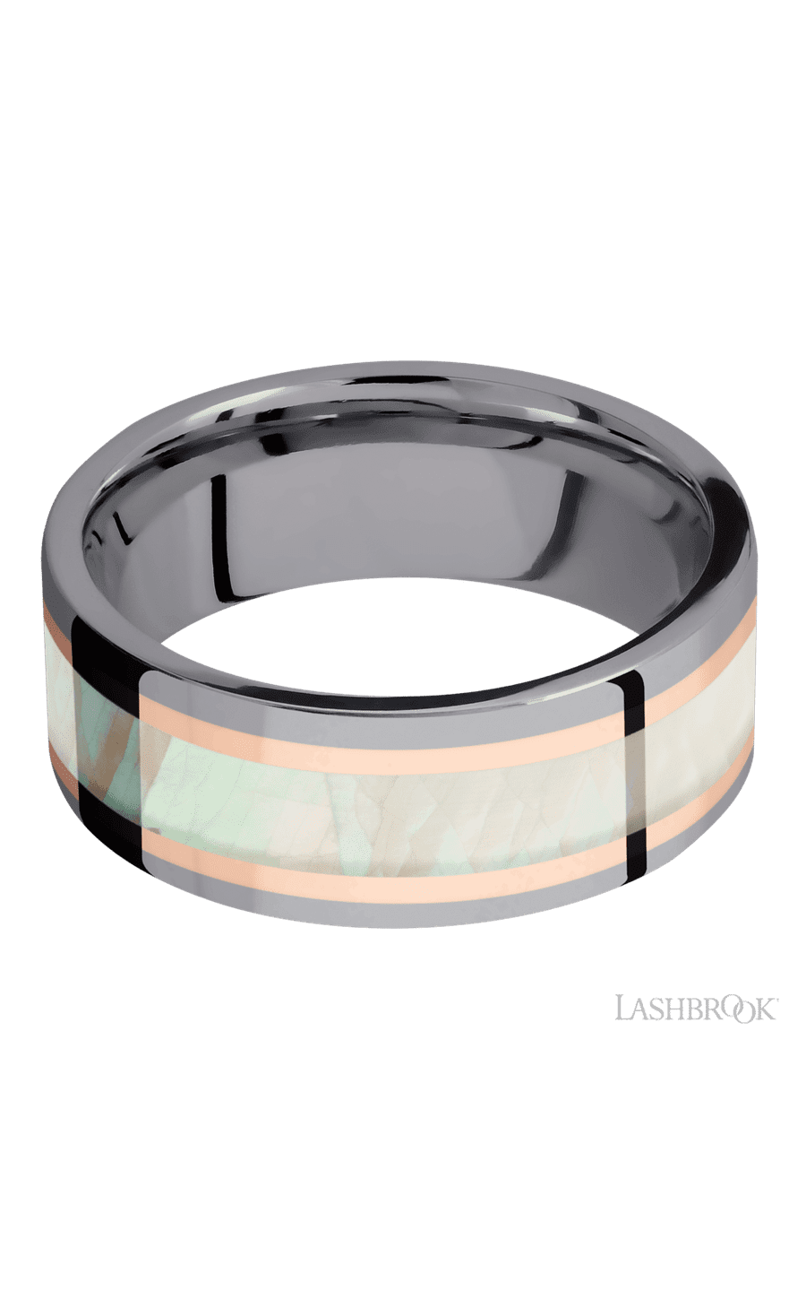 8 mm wide/Flat/Tantalum band featuring inlays of 14K Rose Gold and Freshwater Mother of Pearl.