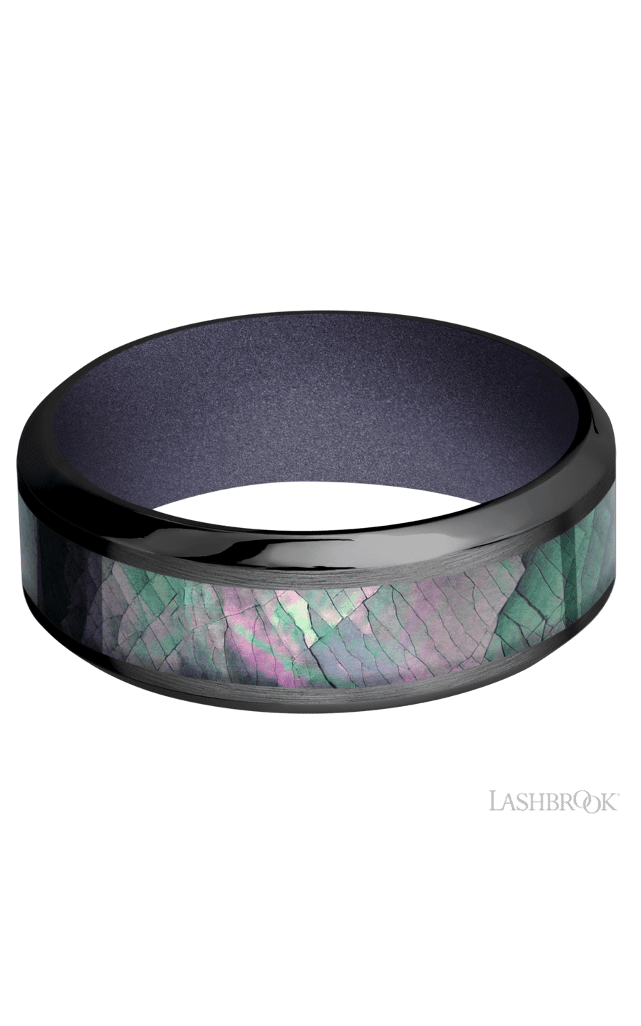 8 mm wide/High Bevel/Zirconium band with one 4 mm Centered inlay of Black Mother of Pearl also featuring a Crushed Orchid sleeve.