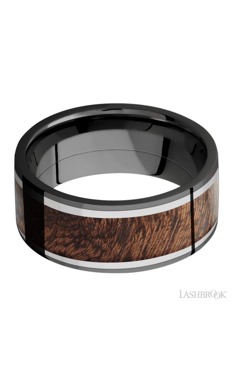 9 mm wide/Flat/Zirconium band featuring inlays of Titanium and Sapele.
