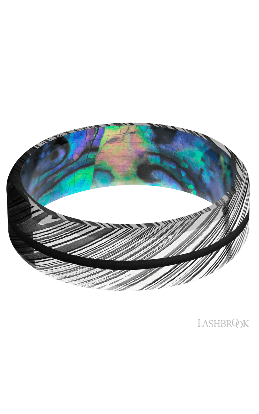 7 mm wide/Beveled/Woodgrain band with one 1 mm Centered inlay of Black also featuring a Abalone sleeve.