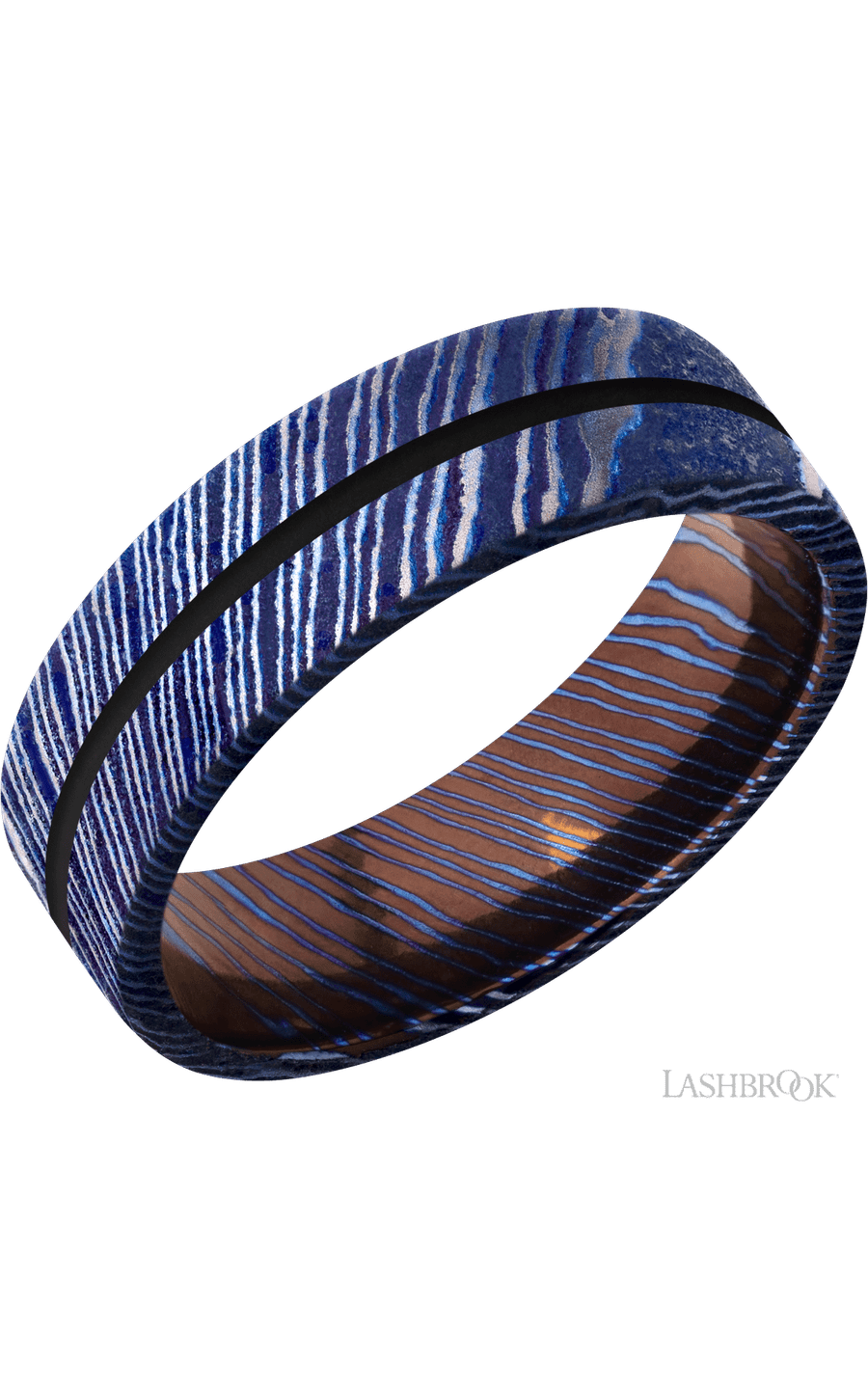 7 mm wide/Flat/Titanium Damascus band with one 1 mm Centered inlay of Black.
