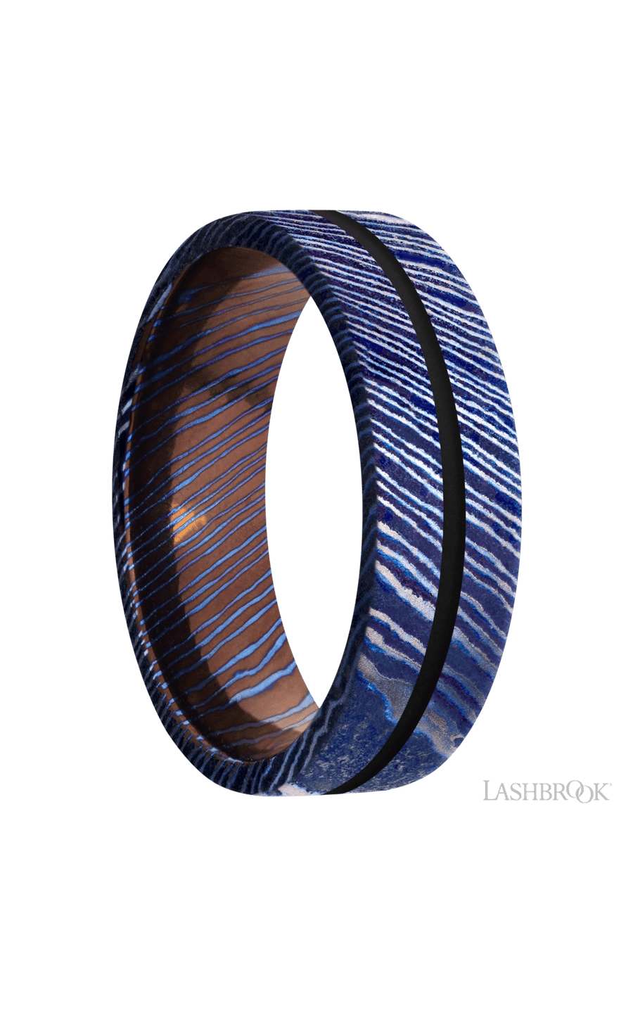 7 mm wide/Flat/Titanium Damascus band with one 1 mm Centered inlay of Black.