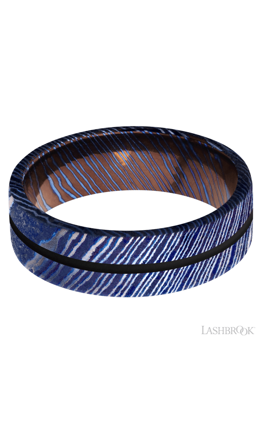 7 mm wide/Flat/Titanium Damascus band with one 1 mm Centered inlay of Black.